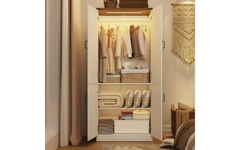 75 H Wardrobe Armoire Closet With Led Lights 4 Door Wardrobe With Hanging Rod & Adjustable Shelves Farmhouse Bedroom Clo