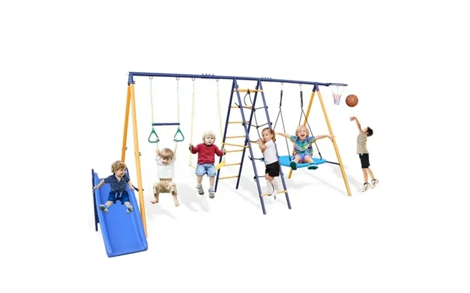 7in1 Swing Set For Outside Heavy Duty A-frame Metal Swing Set With Climbing Ladder And Nets Glider Basket Gym Ring Hammo