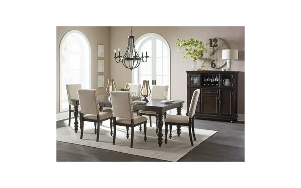 7pcs Dining Set Rectangle Table 6 Chairs Grayish Brown Finish Fabric Upholstered Chairs Casual Transitional Dining Room