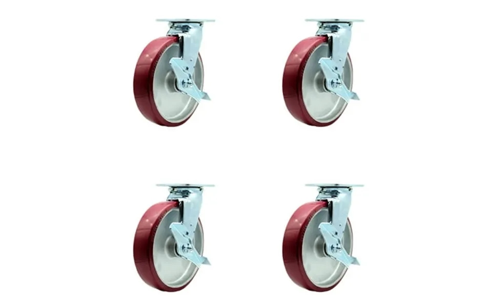 8 Inch Ss Poly On Aluminum Caster Set With Roller Bearings 4 Brake 2 Swivel Lock