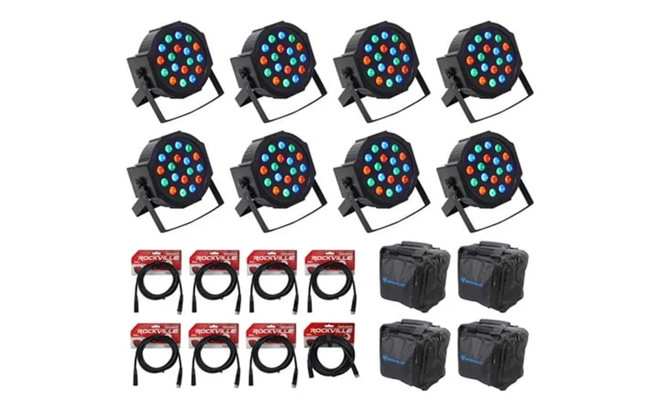 8 Rockville Fhb-118 Led Rgb Dmx Led Par Can Wash Lights 8 Cables Carry Bags