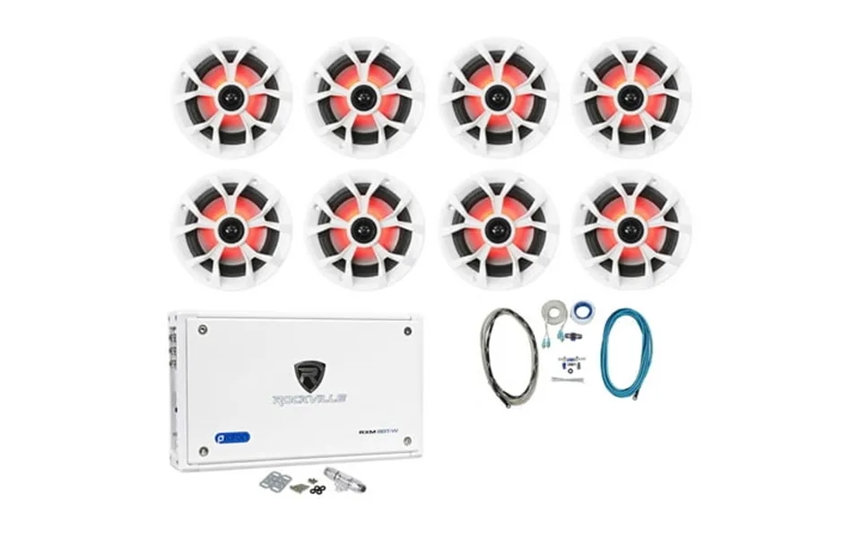 8 Rockville Rkl65mbw 6.5 700 Watt Marine Boat Led Speakers Amplifier Amp Kit