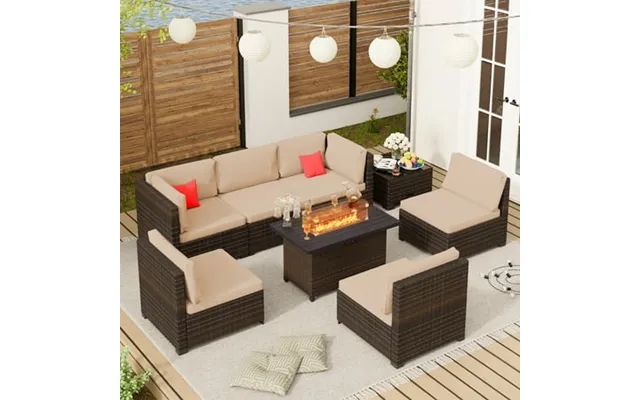 8-piece Outdoor Patio Rattan Furniture Set Brown Wicker Sectional Conversation Set With 50 000 Btu Propane Fire Pit Tabl product image