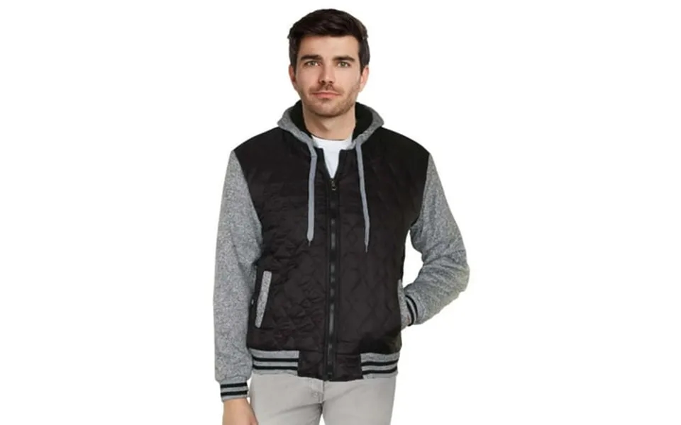 9 Crowns Varsity Quilted Sherpa Hooded Jacket Black Light Grey Large