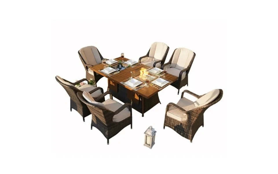 Abrihome 7-piece Patio Garden Brown Gas Firepit And Ice Container Rectangle Dining Set With 6 Standard Height Chairs