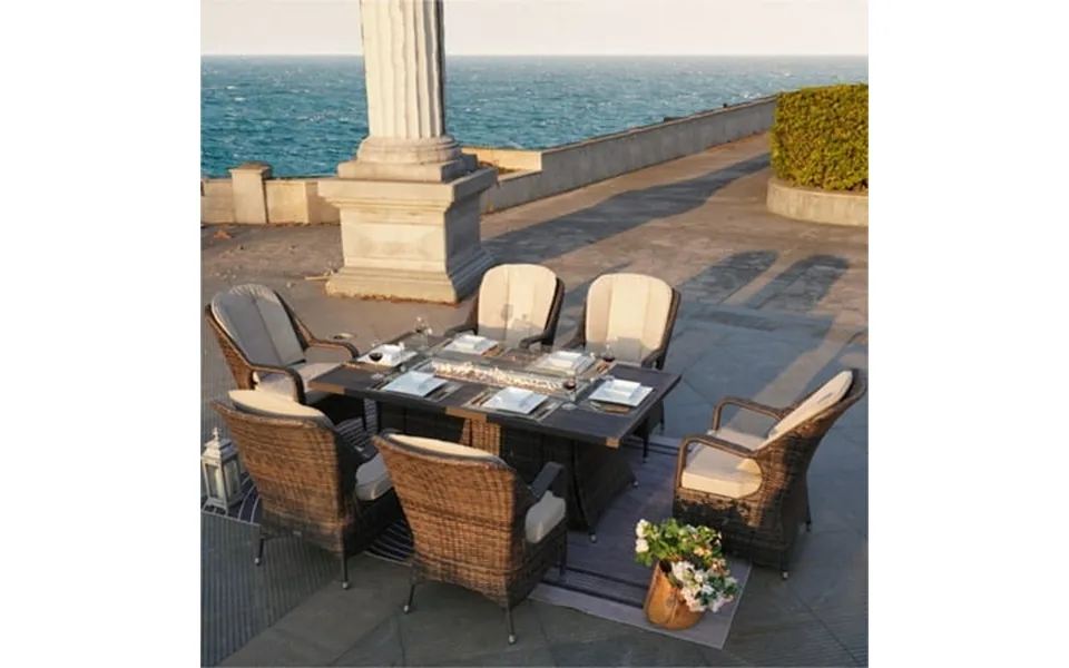 Abrihome Elegant Pe Wicker And Aluminium Patio Dining Sets With Fire Pit Table