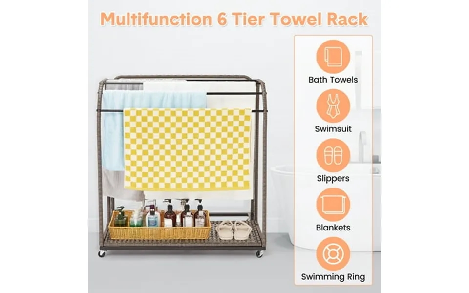 Accreate Pool Towel Rack Outdoor Pool Storage Rack With Rattan Base And 5 Towel Bars With Compartments