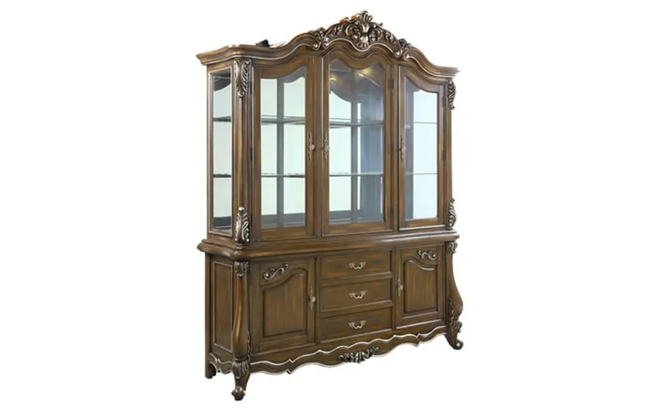 Acme Latisha Wooden Hutch And Buffet With Glass Doors In Antique Oak