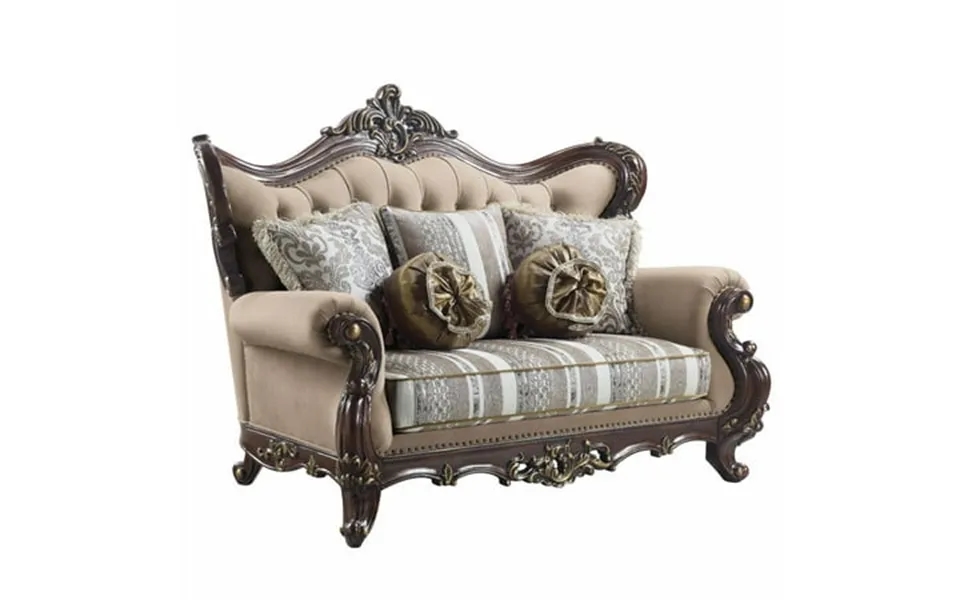 Acme Ragnar Loveseat With 5 Pillows In Light Brown Fabric And Cherry