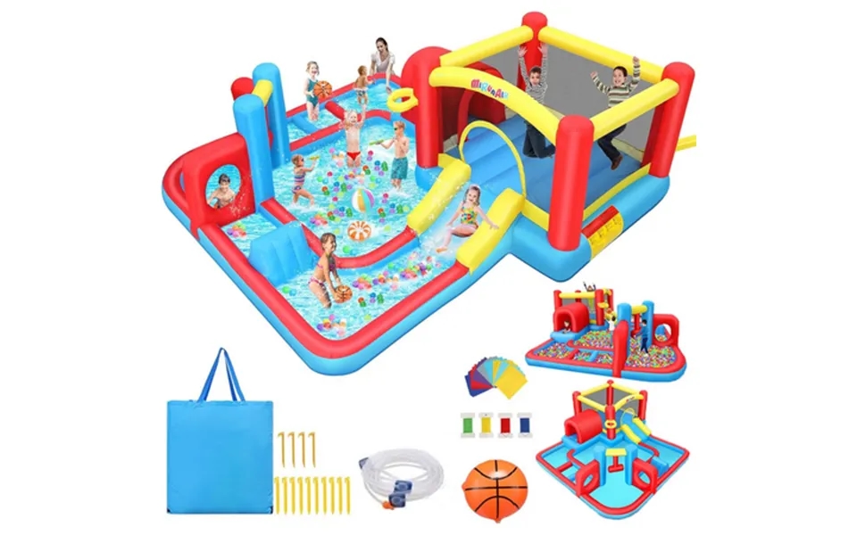 Adnoom Inflatable Water Slide With Large Splash Pool Kids Bounce House W Slide Obstacles Climbing Basketball Hoop Jumpin