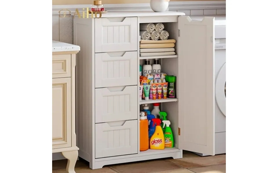 Aiho 33.5 H Wooden Bathroom Storage Cabinet With 4 Drawers A Cupboard And Adjustable Dividers For Bathroom Living Room A