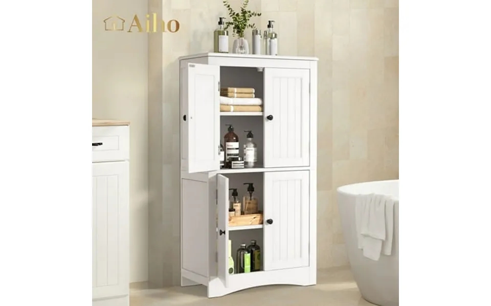 Aiho 43 Bathroom Storage Cabinet Freestanding Cabinet With 4 Doors & 3 Adjustable Shelves For Bathroom - White