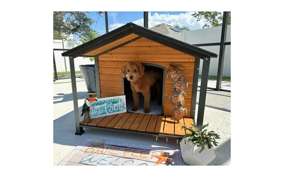 Aivituvin Anti-chewing Outdoor Dog House With Iron Frame 41.4 D Weatherproof Wooden Dog Kennels With Large Porch For Out