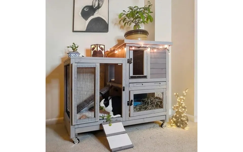 Aivituvin Wooden Bunny Hutch Indoor& Outdoor Rabbit Hutch Guinea Pig Cage For Small Animals With Trays Grey