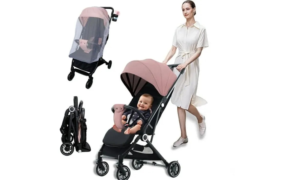 Ajonalaa Foldable Baby Stroller With Wheels Mosquito Net Storage Basket Adjustable Backrest Canopy Cup Holder Pink