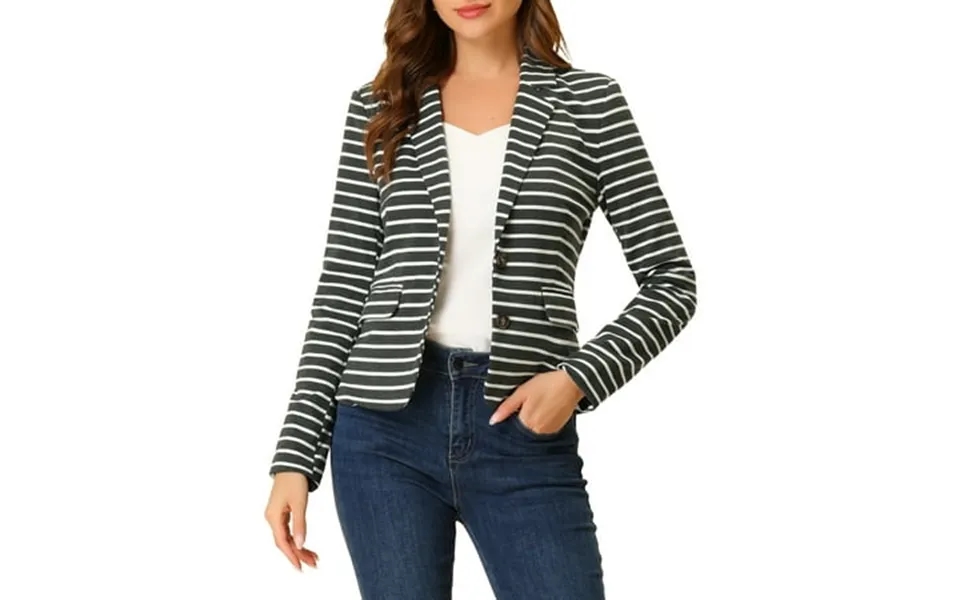 Allegra K Women S Notched Lapel Long Sleeves Button Striped Blazer M Grey White