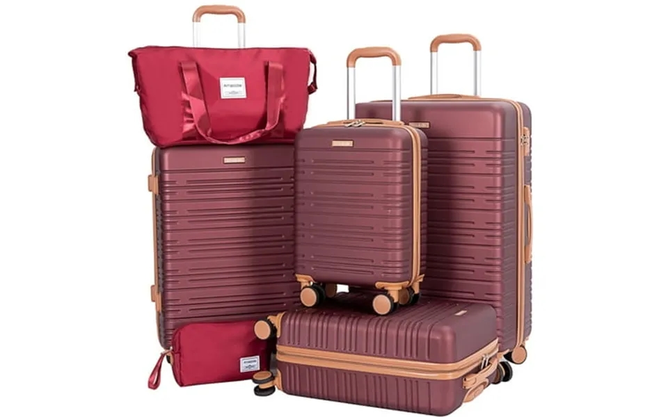Amalodie Luggage 6 Piece Luggage Set Abs Hard Shell Travel Suitcase With Tsa Lock Wine Red