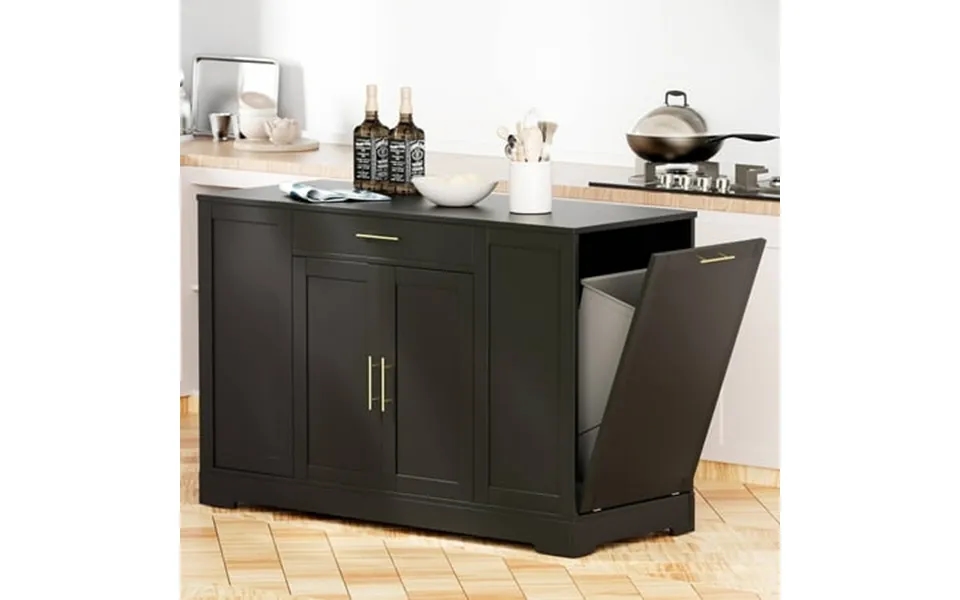Arlopu 53in Kitchen Island With Trash Can Storage Cabinet Portable Kitchen Island With Open Side Shelves