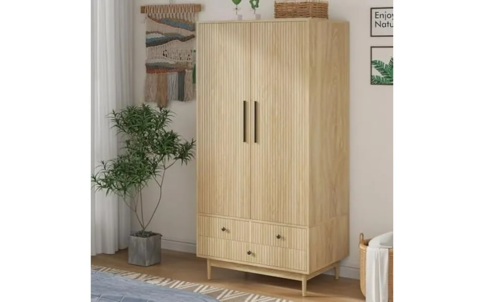 Armoire Wardrobe Closet With 2 Fluted Doors 64.96 Wooden Clothes Storage Cabinet With Hanging Rod And Shelf Storage Natu