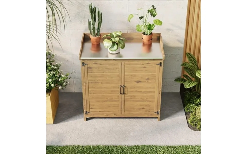 Asofer Outdoor Potting Bench With Metal Tabletop Small Outdoor Storage Cabinet With Double Doors Natural
