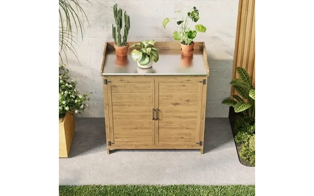 Asofer Outdoor Potting Bench With Metal Tabletop Small Outdoor Storage Cabinet With Double Doors Natural product image