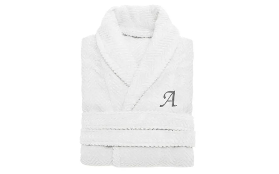 Authentic Hotel And Spa White With Grey Monogrammed Herringbone Weave Turkish Cotton Unisex Bath Robe A S M