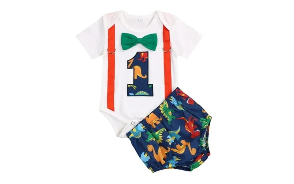 Baby Boys Dinosaur 1st Birthday Outfit Cake Smash Bowtie Romper Shorts Suspenders 3pcs Clothes Set For Photo Shoot Whte