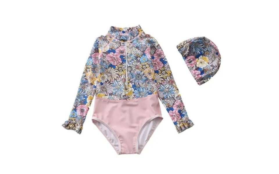 Baby Toddler Girls One-piece Swimsuit Long Sleeve Floral Print Bathing Suit With Swimming Hat Sun Protection Swimwear 1-