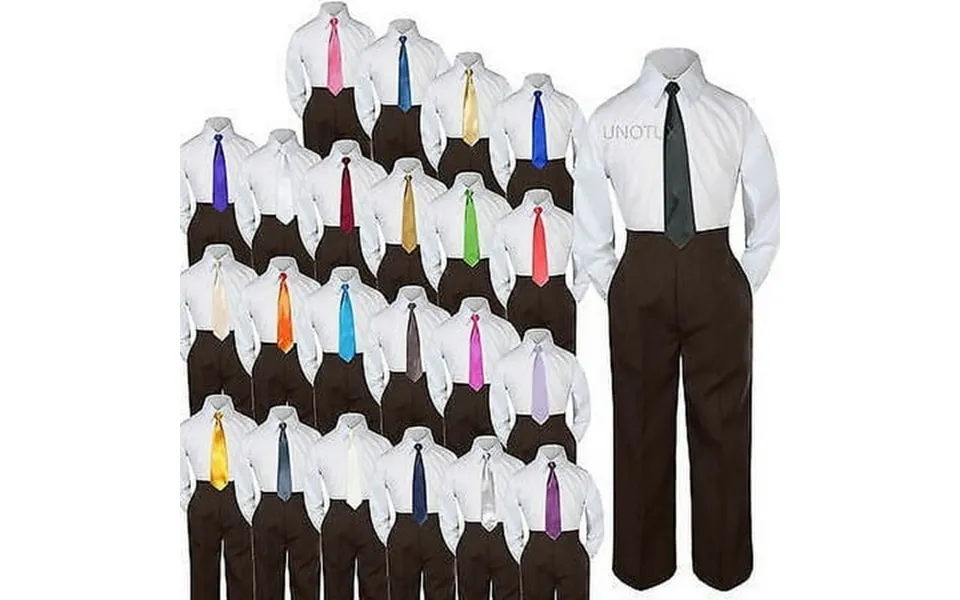 Baby Toddler Kid Boys Wedding Formal 3pc Set Shirt Brown Pants Necktie Suit S-7