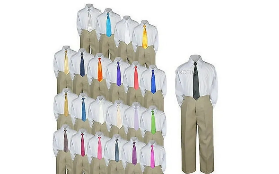 Baby Toddler Kid Boys Wedding Formal 3pc Set Shirt Khaki Pants Necktie Suit S-7