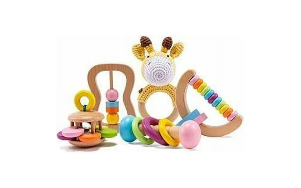 Baby Wooden Rattle-5pcs Natural Crochet Giraffe Organic Montessori Wood Toys Early Development Rattle Ring Perfect Toddl