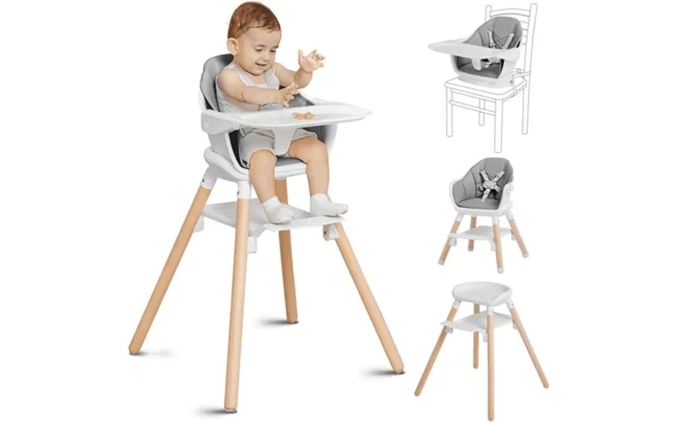 Babyomi Convertible High Chair For 2 Babies 11-in-1 Wooden Booster With Double Easy-clean Trays & Pu Cushion White Gray