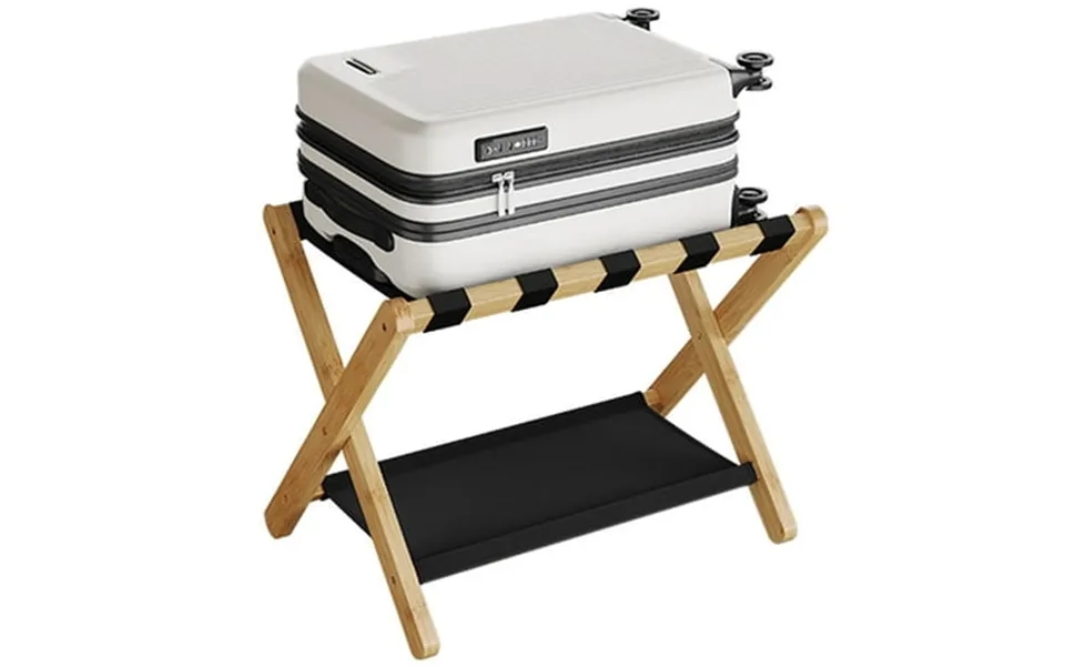 Bamboo Luggage Rack Foldable Suitcase Stand With Fabric Storage Shelf For Guest Room Hotel Bedroom Holds Up To 131 Lb Na