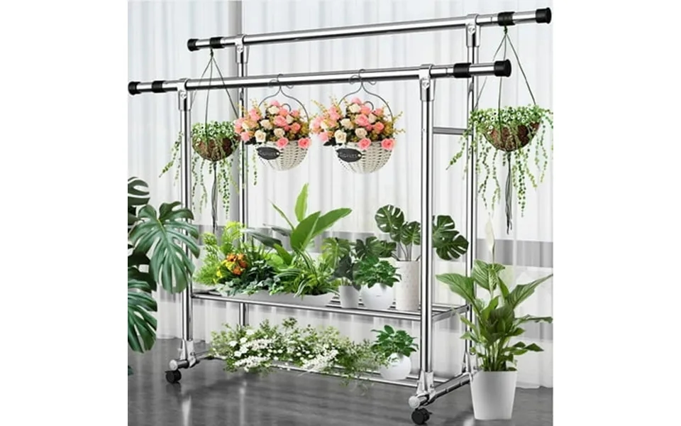 Baokaler Clothes Rack With Wheels Double-rod Clothing Rack For Hanging Clothes Rolling Garment Rack With 2-tier Shelf He