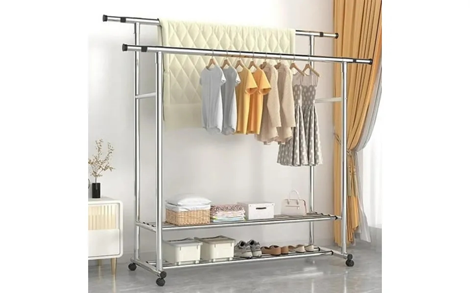 Baokaler Double Rails Clothing Garment Rack Portable Adjustable Clothes Rack With 4 Universal Wheels Stainless Steel Rol