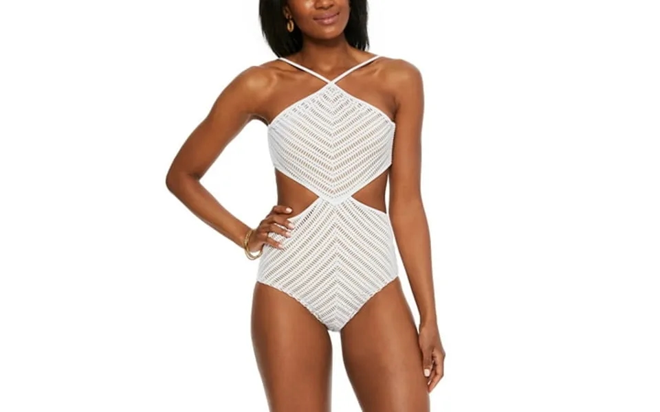 Bar Iii Women S White Stretch High Neck Cutout Lined Crochet Full Coverage Monokini Swimsuit Xl