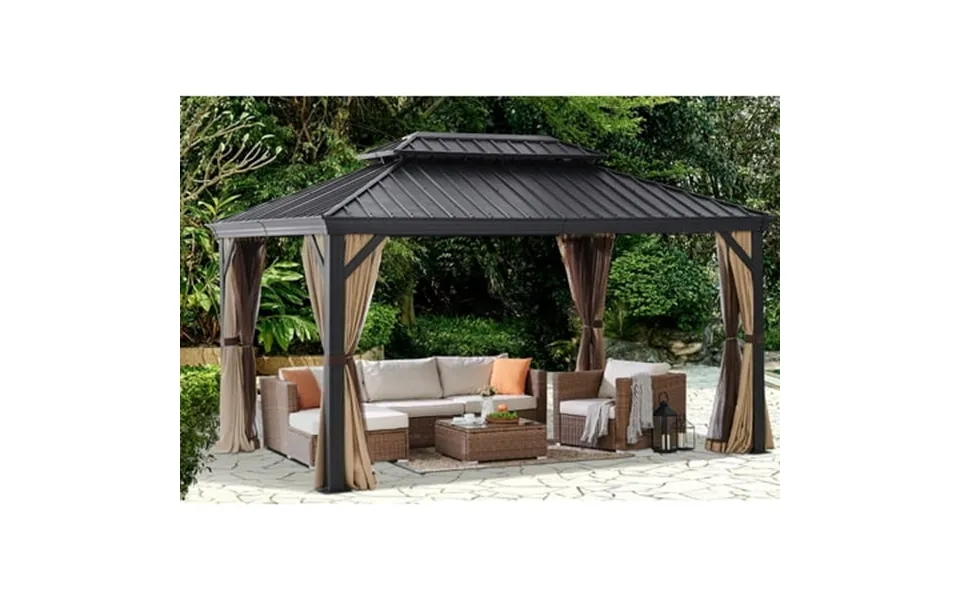 Barton 10 X 14 Ft Outdoor Hardtop Gazebo Canopy Aluminum W Mesh Net Curtains Mosquito Netting Uv-resistant Beige