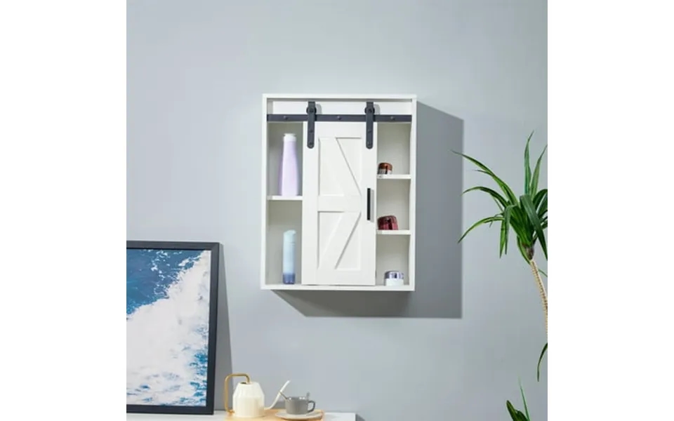 Bathroom Wall Cabinet Wood Wall-mounted Storage Cabinet With Sliding Barn Door & Adjustable Shelves 5-layer Toilet Bathr