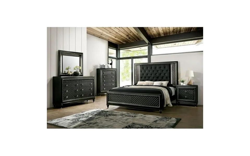 Bedroom Furniture 3pc Set California King Size Bed 2x Nightstands Metallic Gray Solid Wood Black Fabric Tufted Hb Textur