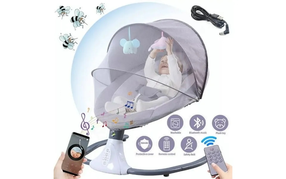Bejolo Electric Baby Swing For Infants Portable Baby Bouncer With Remote Control Bluetooth Music Gray
