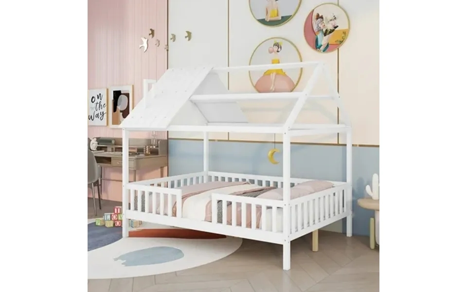 Bellemave Full House Bed Full Size Wood Bed Frame With Roof And Fence Montessori Beds Frame With Slats No Box Spring Nee
