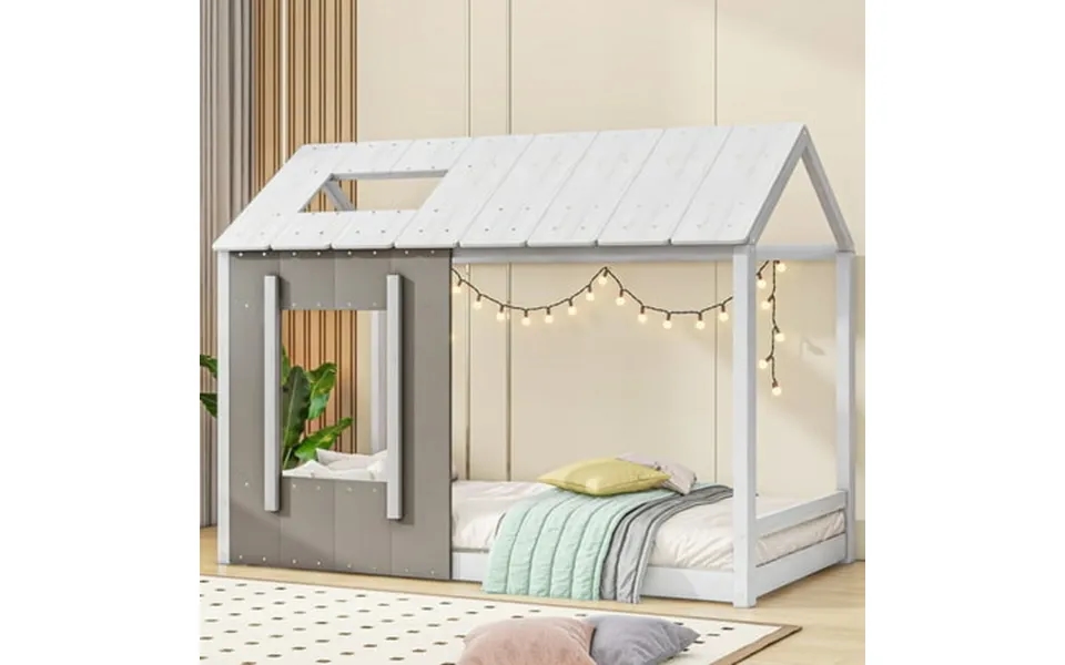Bellemave Twin Size House Floor Bed Wood Montessori Bed With Roof And Window Wood Montessori Bed White