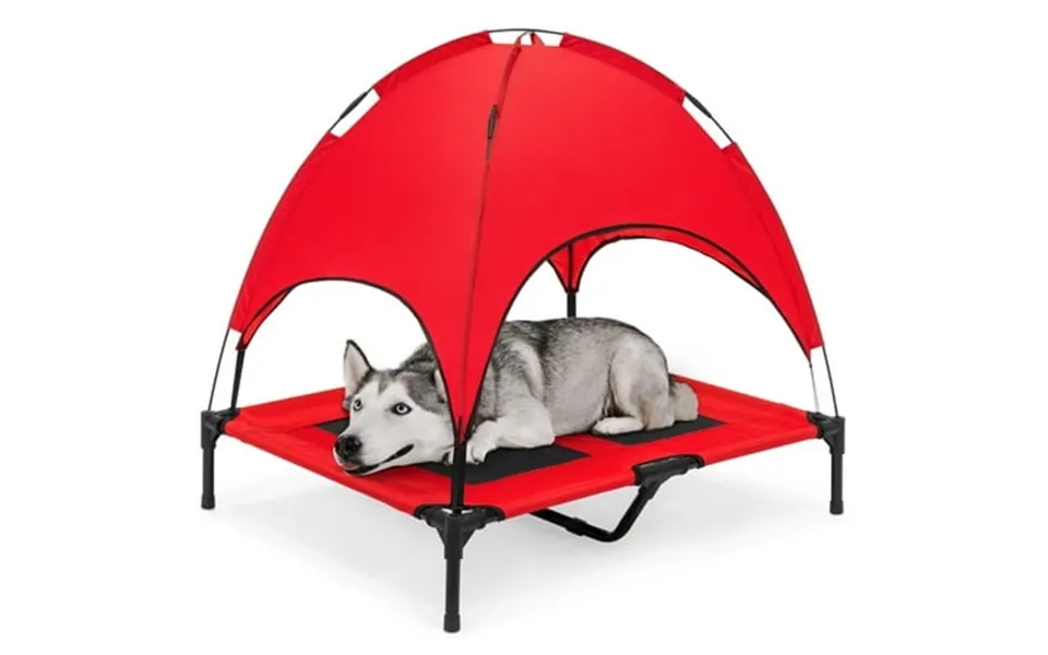 Best Choice Products 36in Outdoor Raised Mesh Cot Cooling Dog Pet Bed W Removable Canopy Travel Bag - Red