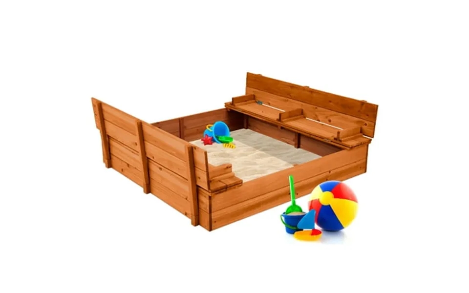 Best Choice Products 47x47-inch Kids Wooden Outdoor Sandbox W 2 Foldable Bench Seats Sand Protection Liner - Brown