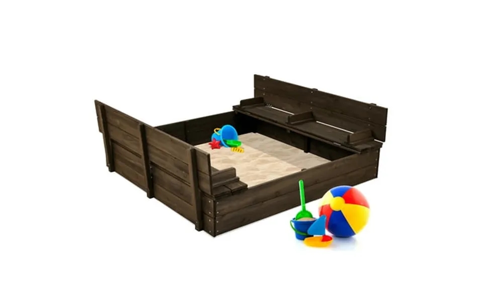 Best Choice Products 47x47-inch Kids Wooden Outdoor Sandbox W 2 Foldable Bench Seats Sand Protection Liner - Espresso