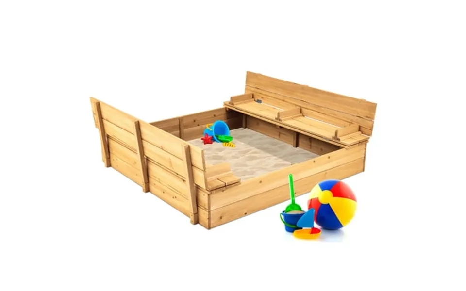 Best Choice Products 47x47-inch Kids Wooden Outdoor Sandbox W 2 Foldable Bench Seats Sand Protection Liner - Natural