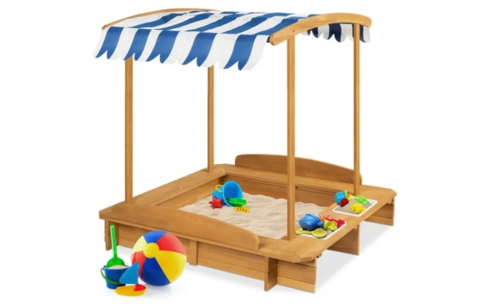 Best Choice Products Kids Wooden Cabana Sandbox W Bench Seats Uv-resistant Canopy Sandpit Cover 2 Buckets - Natural
