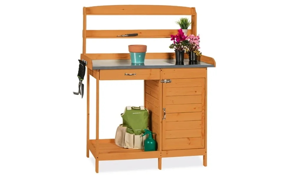 Best Choice Products Outdoor Garden Wooden Potting Bench Station W Metal Table Top Pre-stained Finish Cabinet - Brown