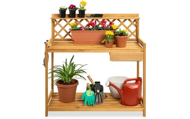 Best Choice Products Outdoor Wooden Garden Potting Bench Workstation Table W Cabinet Drawer Open Shelf - Natural product image
