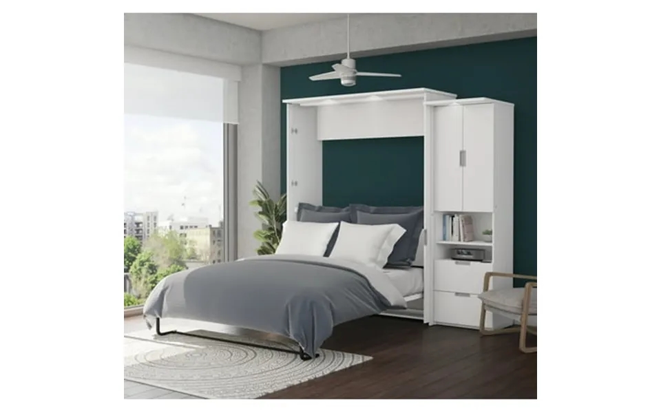 Bestar Lumina Queen Wall Bed With Storage Unit And Led Lights White